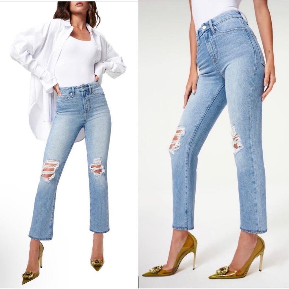 Good American Blue Straight Leg Jeans High-Waisted Distressed